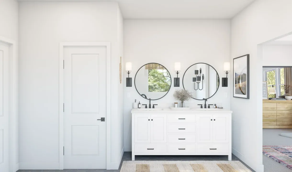 Primary bath with freestanding vanity
