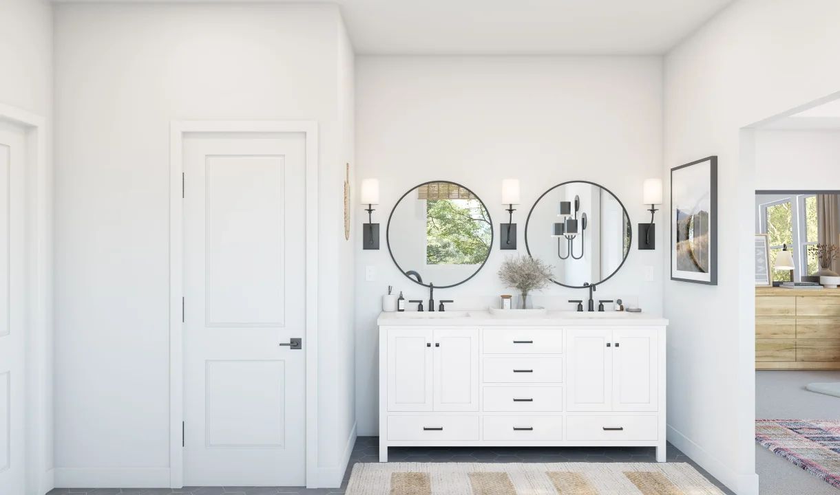 Primary bath with freestanding vanity