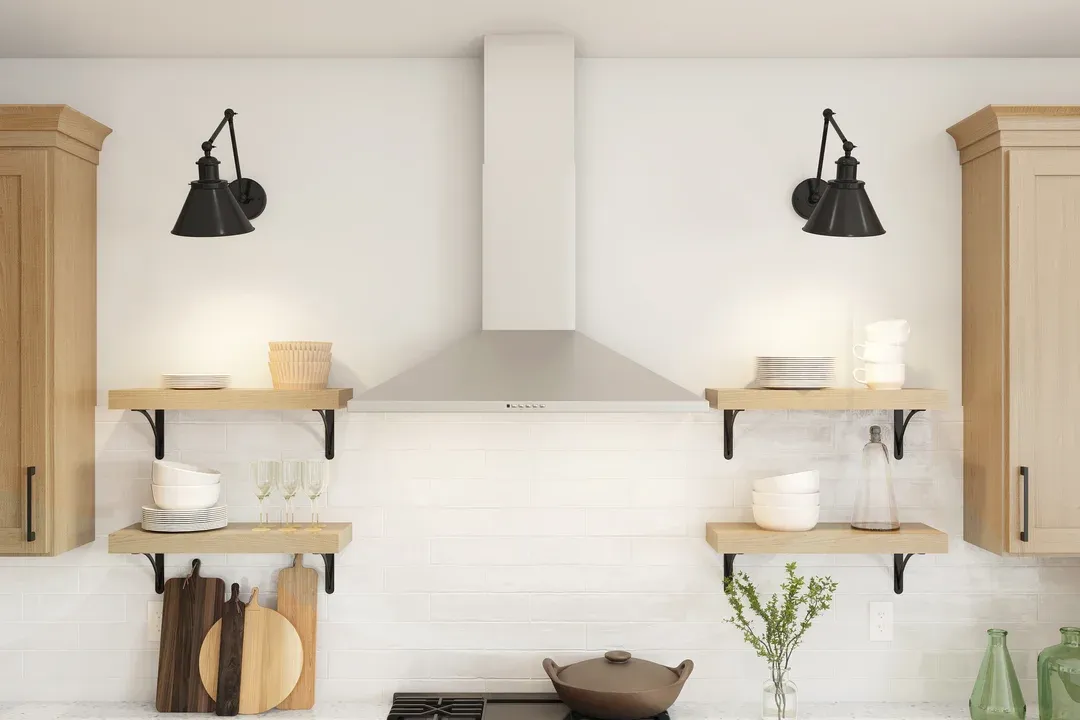 Kitchen with floating shelves and subway tile backsplash