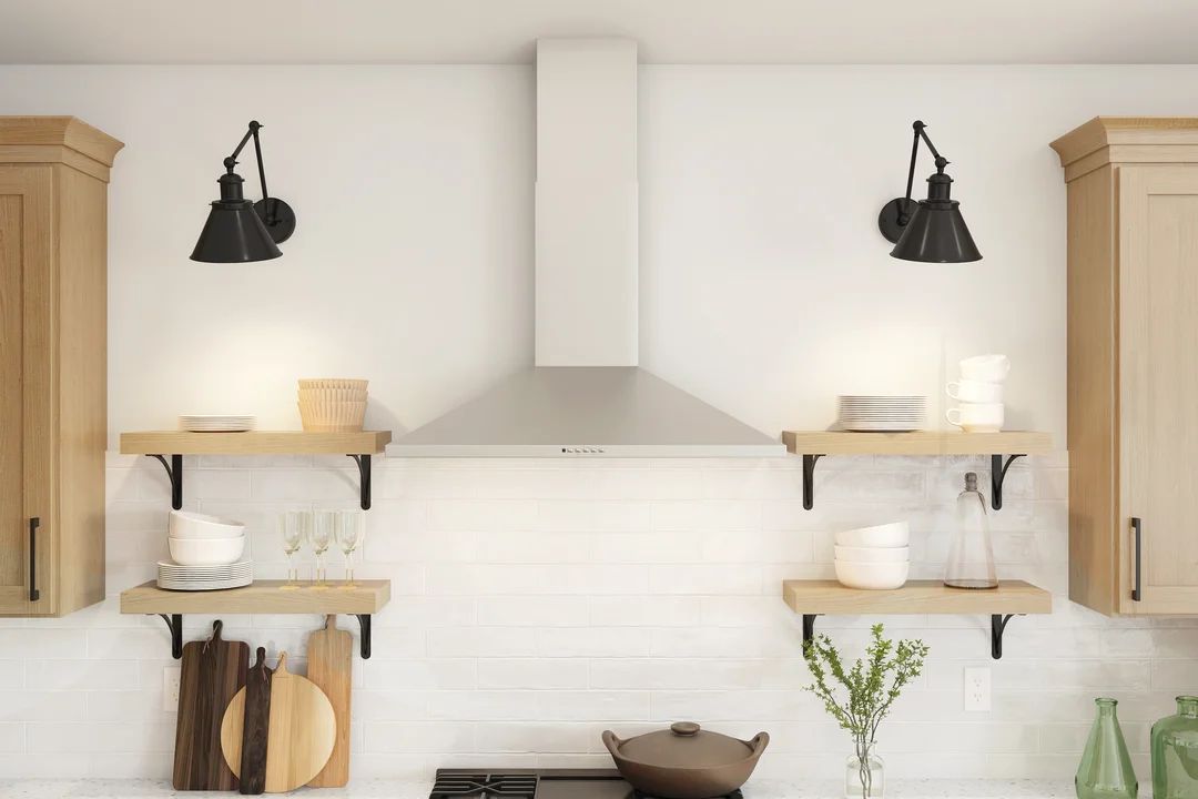 Kitchen with floating shelves and subway tile backsplash