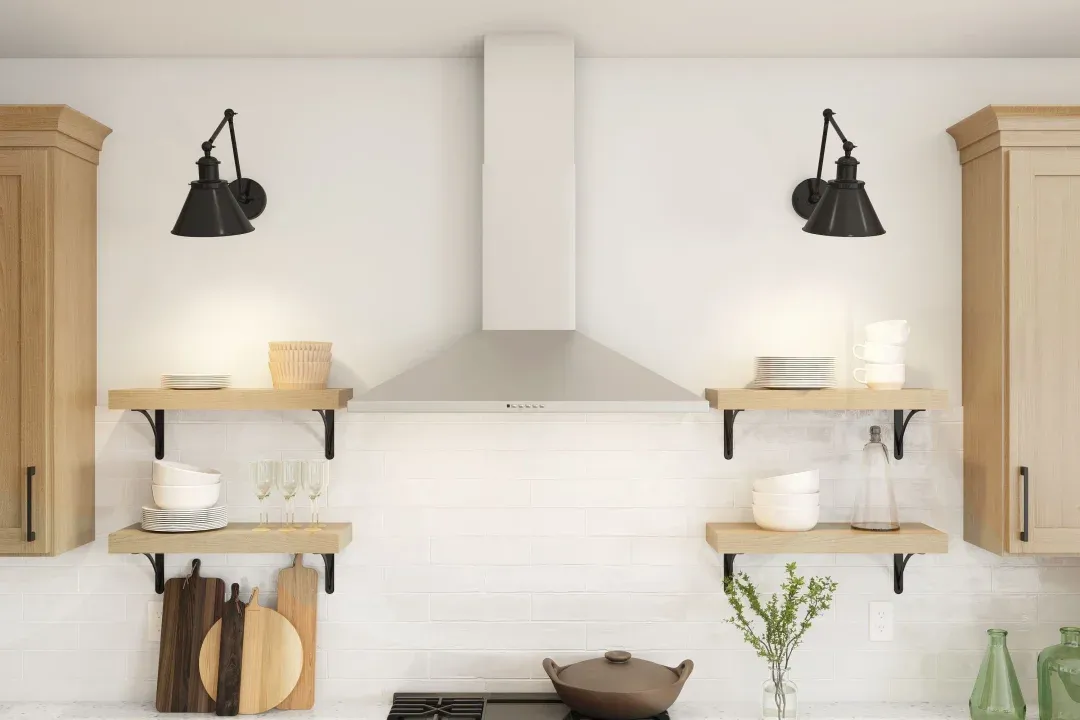 Kitchen with floating shelves and subway tile backsplash