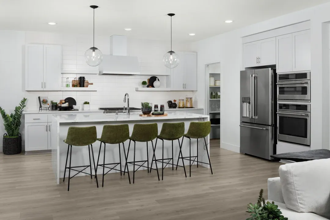 Kitchen with floating shelves and pendant lighting