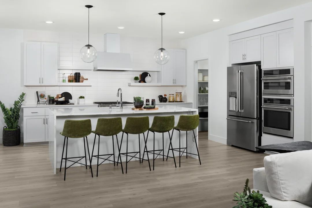 Kitchen with floating shelves and pendant lighting