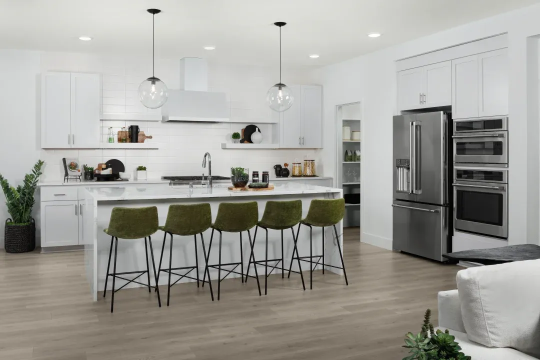 Kitchen with floating shelves and pendant lighting