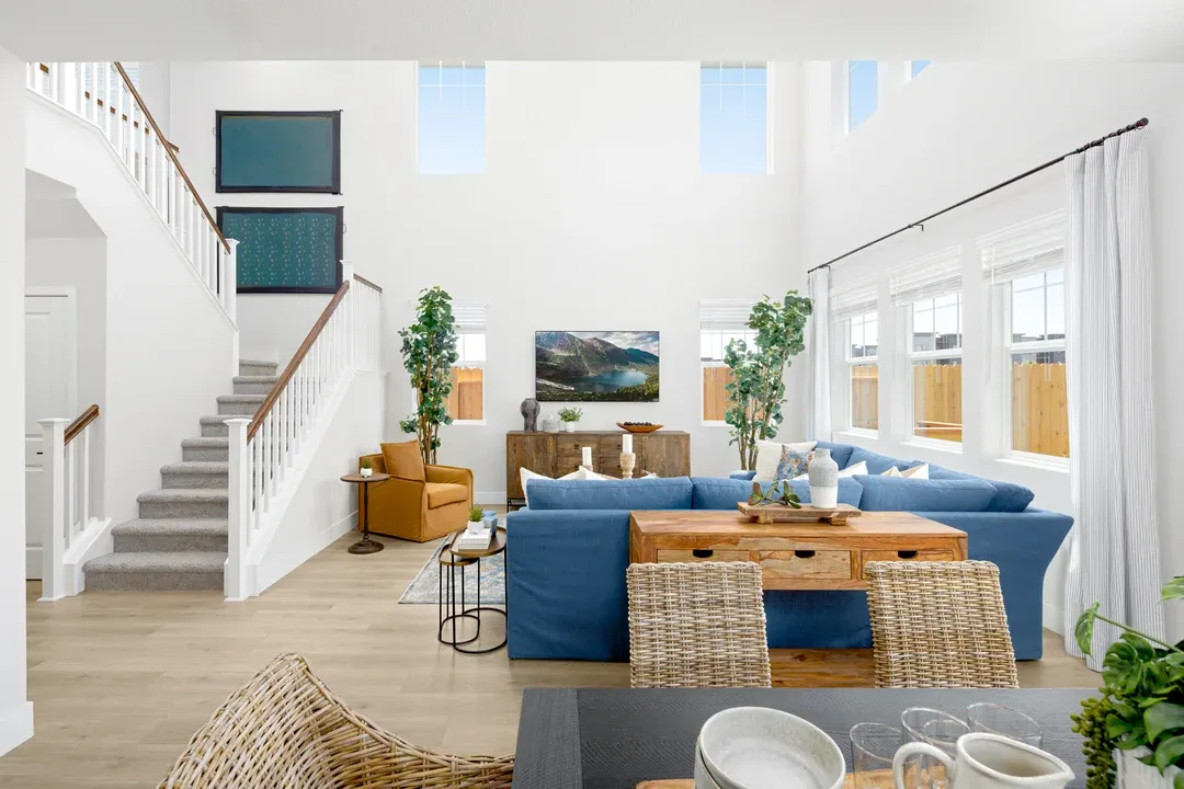 Two-story great room with luxurious wood floor