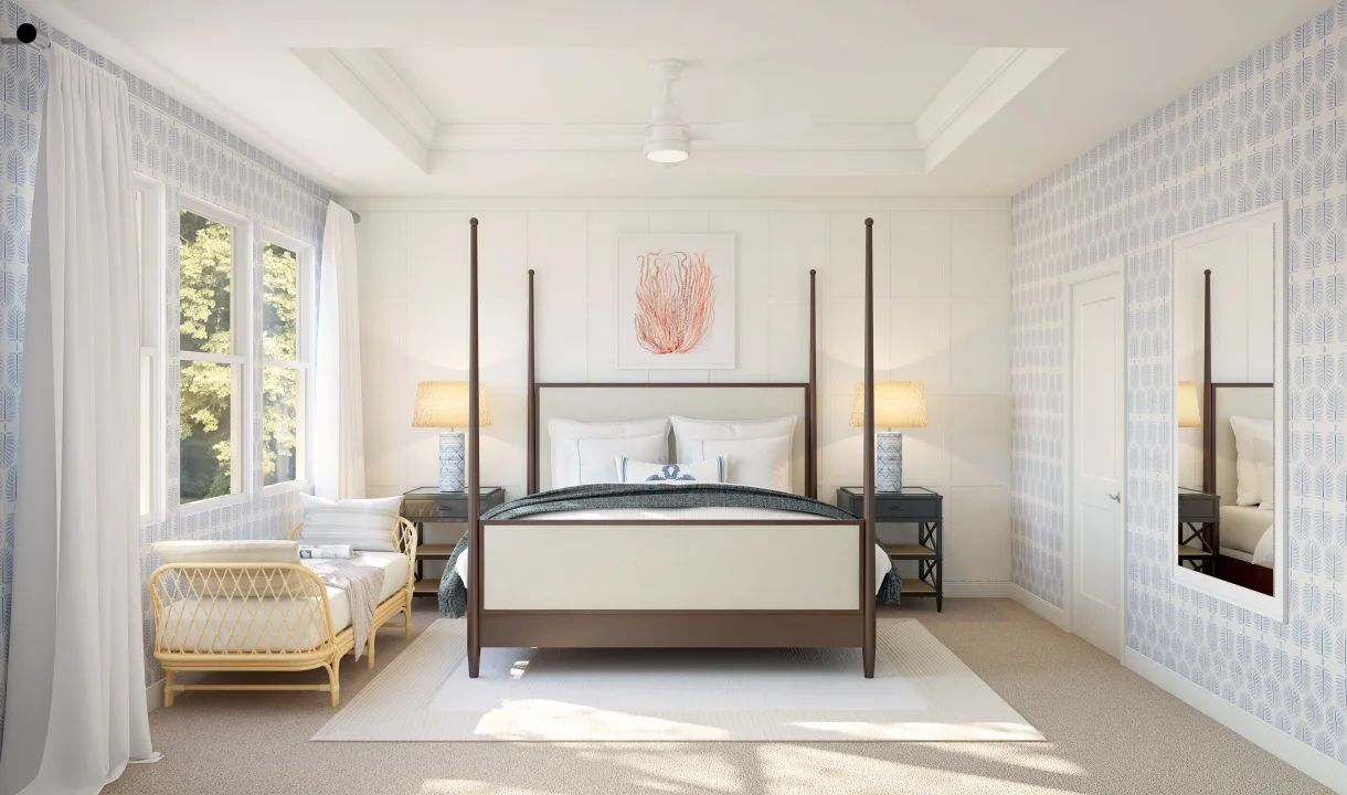 Primary suite with tray ceiling and decorative feature wall