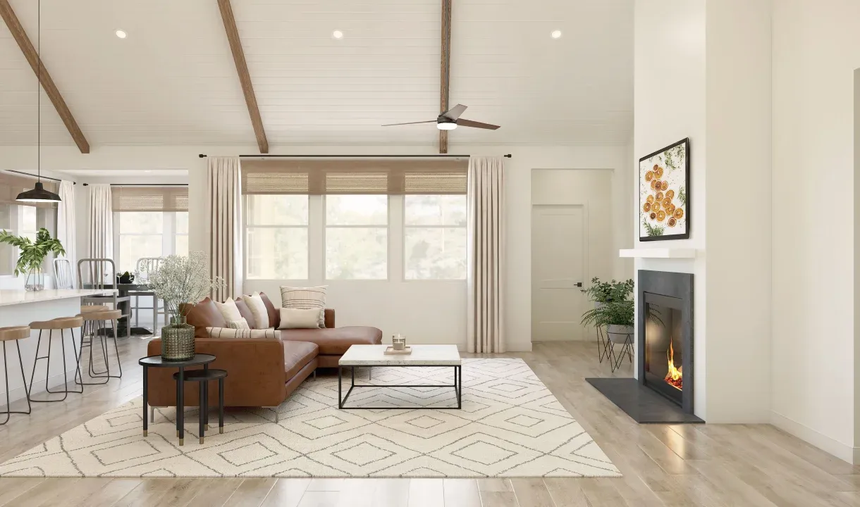 Great room with vaulted ceiling and stained ceiling beams
