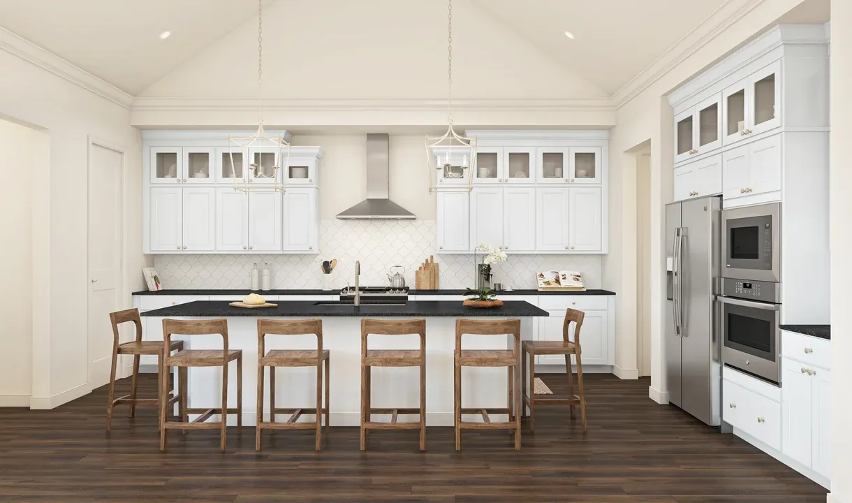 Kitchen with pendant lighting and glass upper cabinets