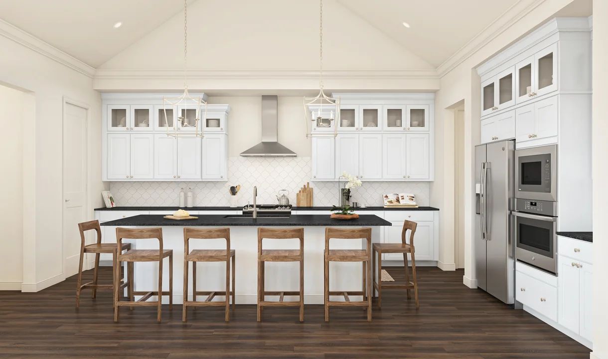 Kitchen with pendant lighting and glass upper cabinets