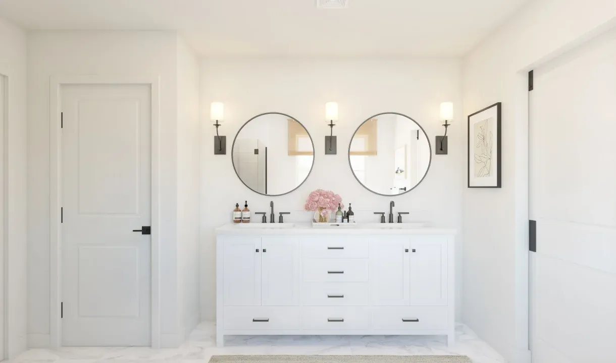 Primary bath with freestanding vanity