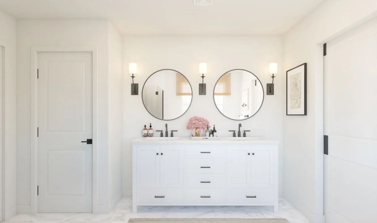 Primary bath with freestanding vanity
