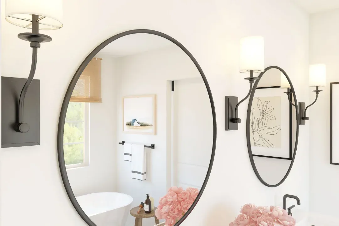 Primary bath with circular mirrors