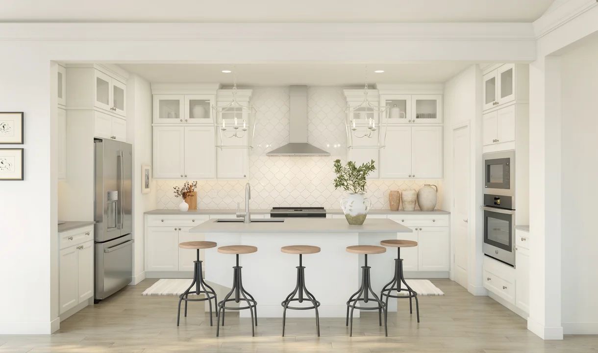Kitchen with glass upper cabinets and pendant lighting