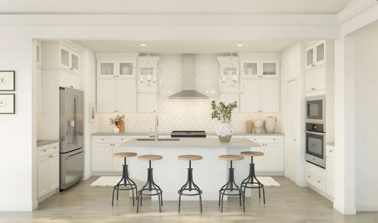 Kitchen with pendant lighting and glass upper cabinets
