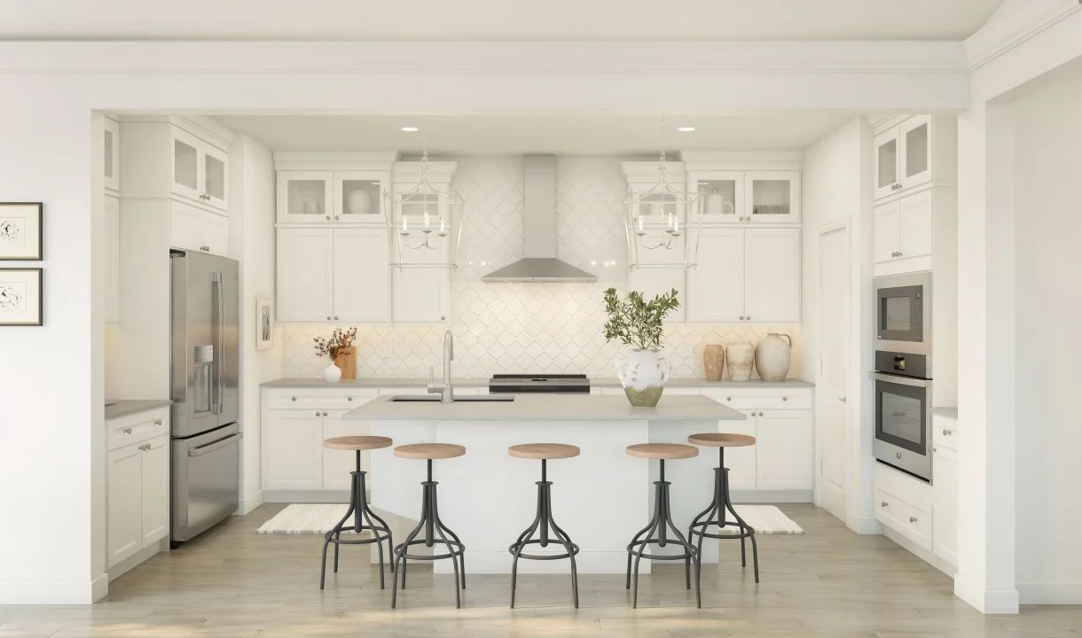 Kitchen with pendant lighting and glass upper cabinets