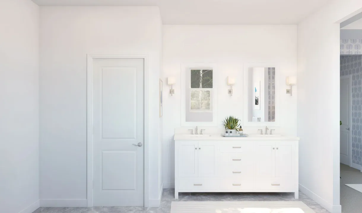 Primary bath with freestanding vanity and brushed nickel fixtures
