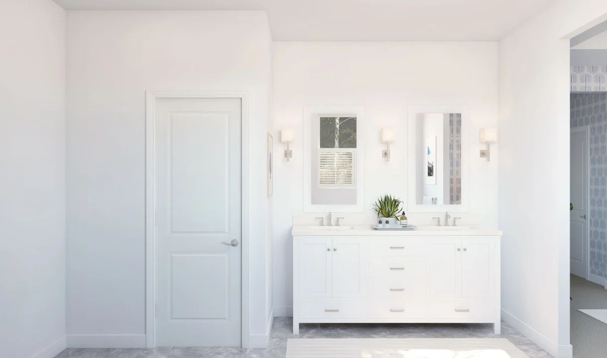 Primary bath with freestanding vanity and brushed nickel fixtures