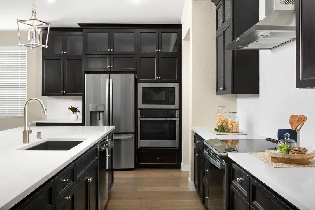 Kitchen with glass upper cabinets