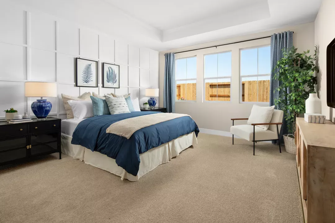 Primary suite with tray ceiling and decorative feature wall