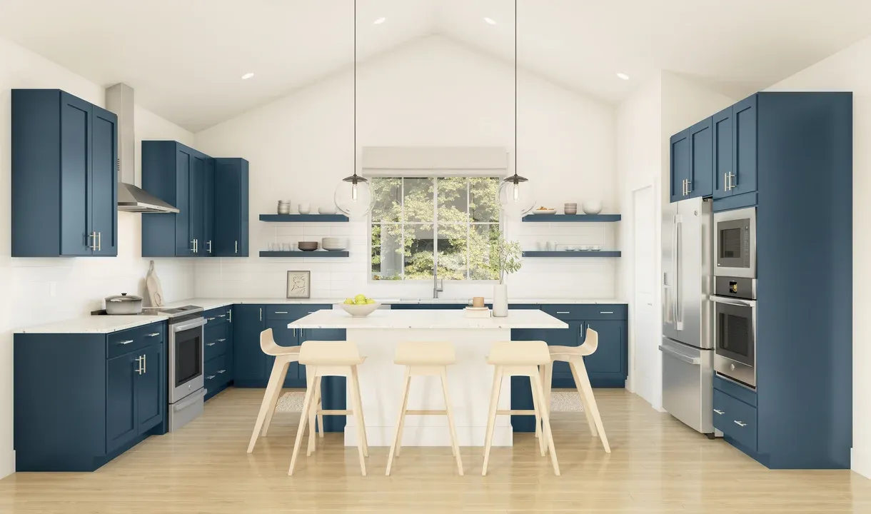 Kitchen with vaulted ceiling and pendant lighting