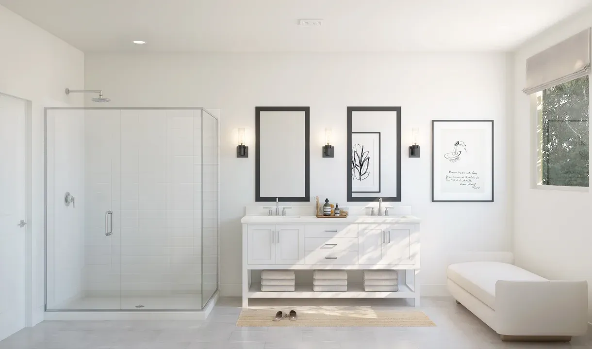 Primary bath with freestanding vanity