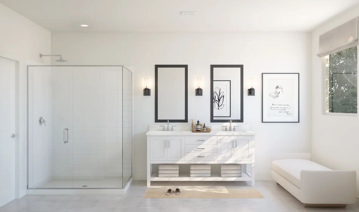 Primary bath with freestanding vanity