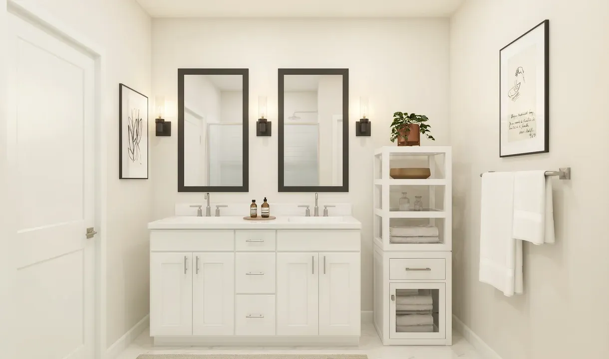 Primary bath with freestanding vanity