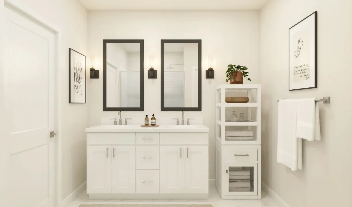 Primary bath with freestanding vanity