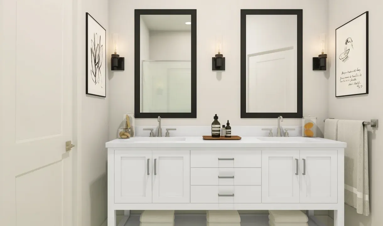 Primary bath with freestanding vanity