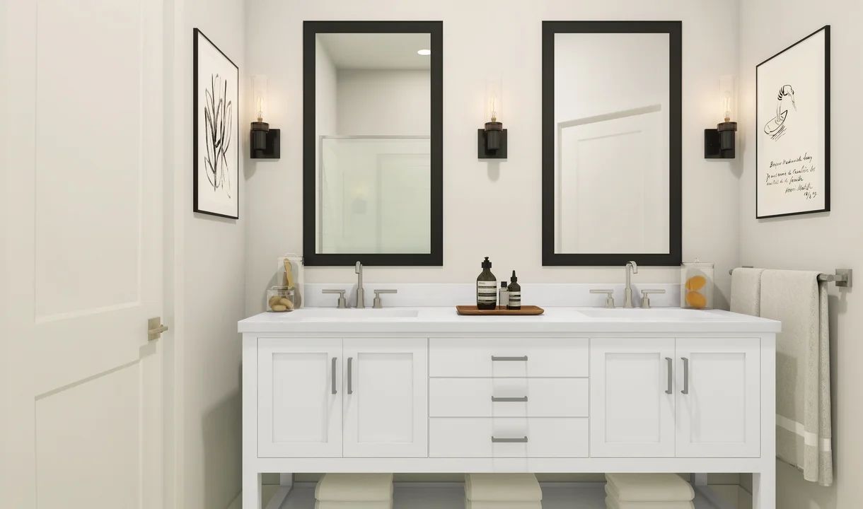 Primary bath with freestanding vanity
