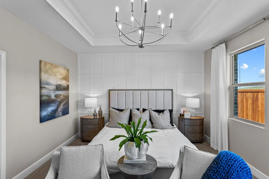 Primary suite with tray ceiling and decorative feature wall