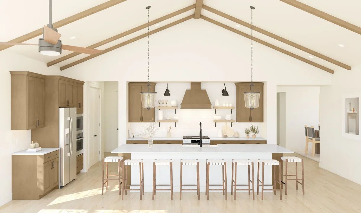 Kitchen with floating shelves and vaulted ceiling