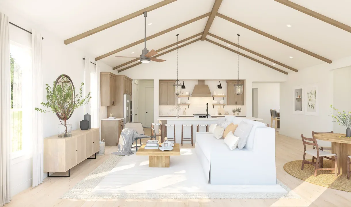 Great room with vaulted ceiling and stained ceiling beams