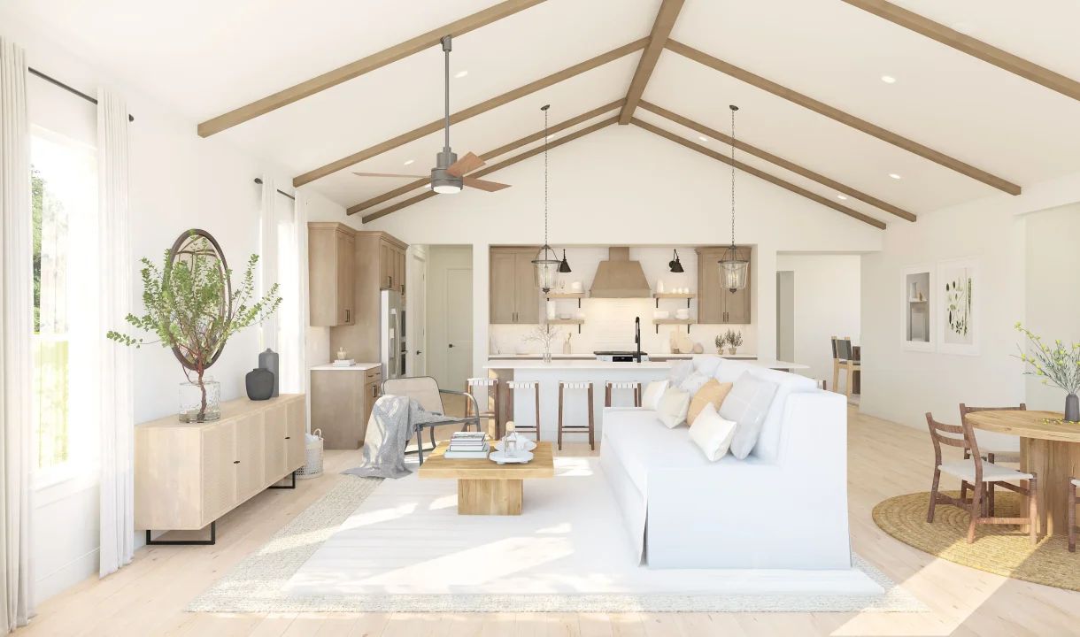 Great room with vaulted ceiling and stained ceiling beams