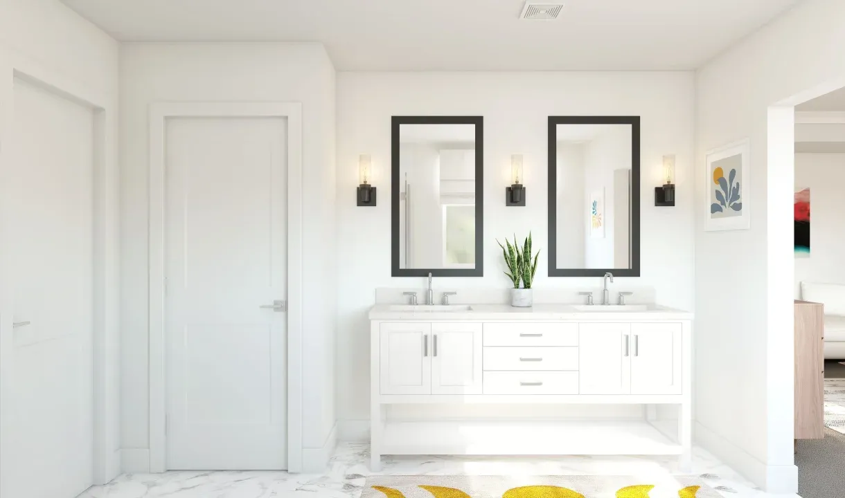 Primary features freestanding vanity with dual sinks