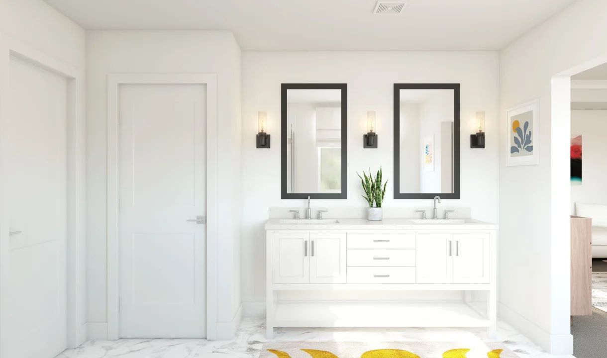 Primary features freestanding vanity with dual sinks