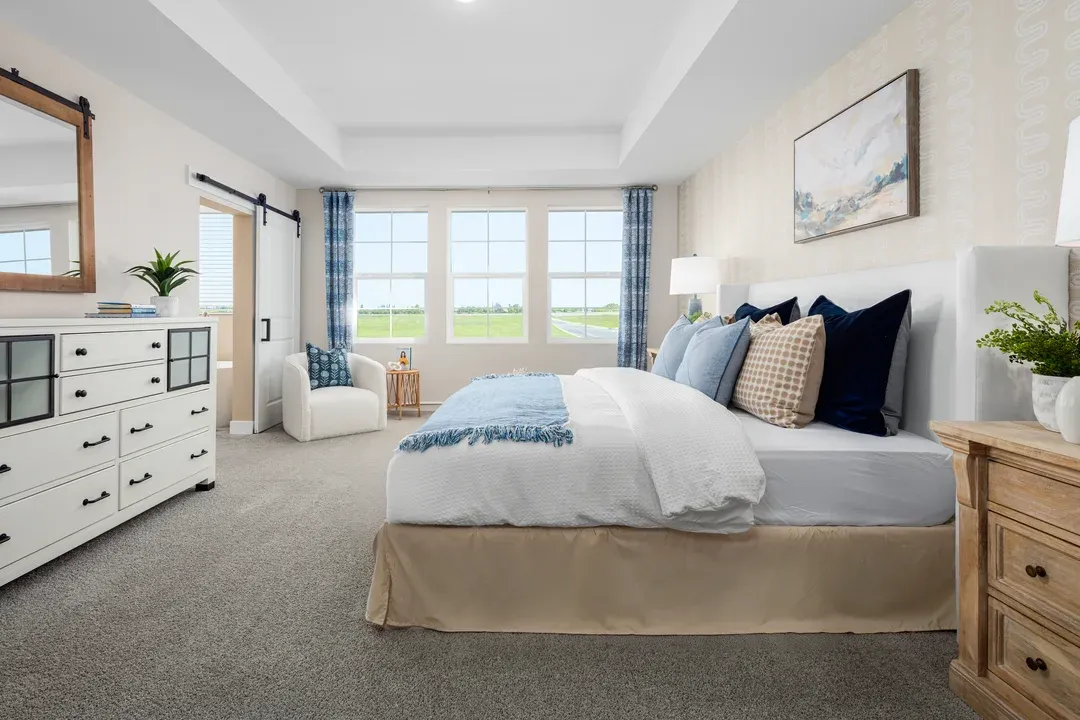 Primary suite with tray ceiling and barn door to primary bath
