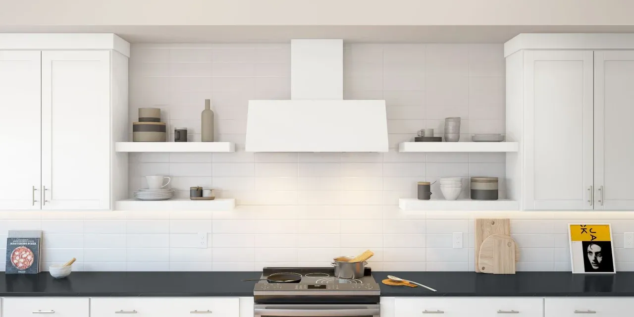 Floating shelves and subway tile backsplash