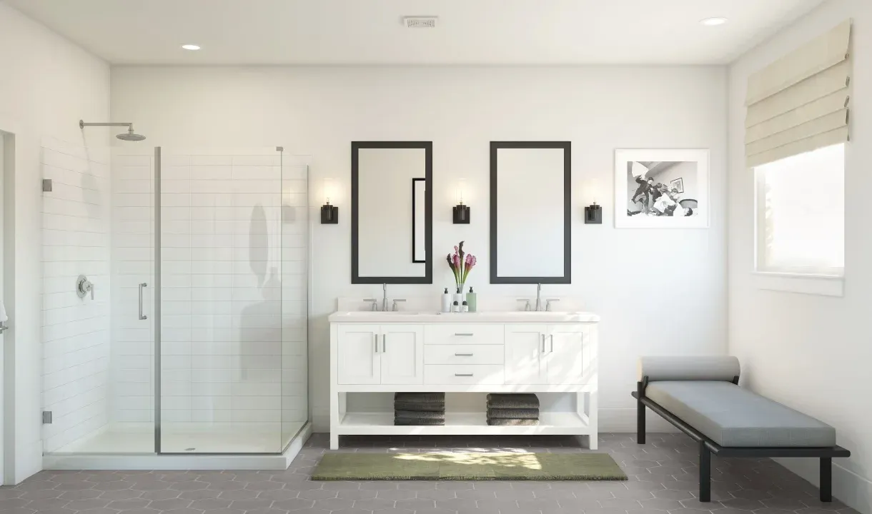 Primary bath with freestanding vanity