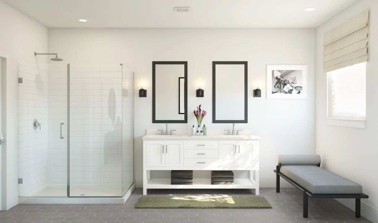 Primary bath with freestanding vanity