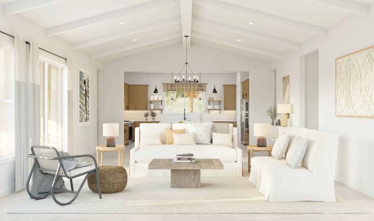 Great room with white painted ceiling beams