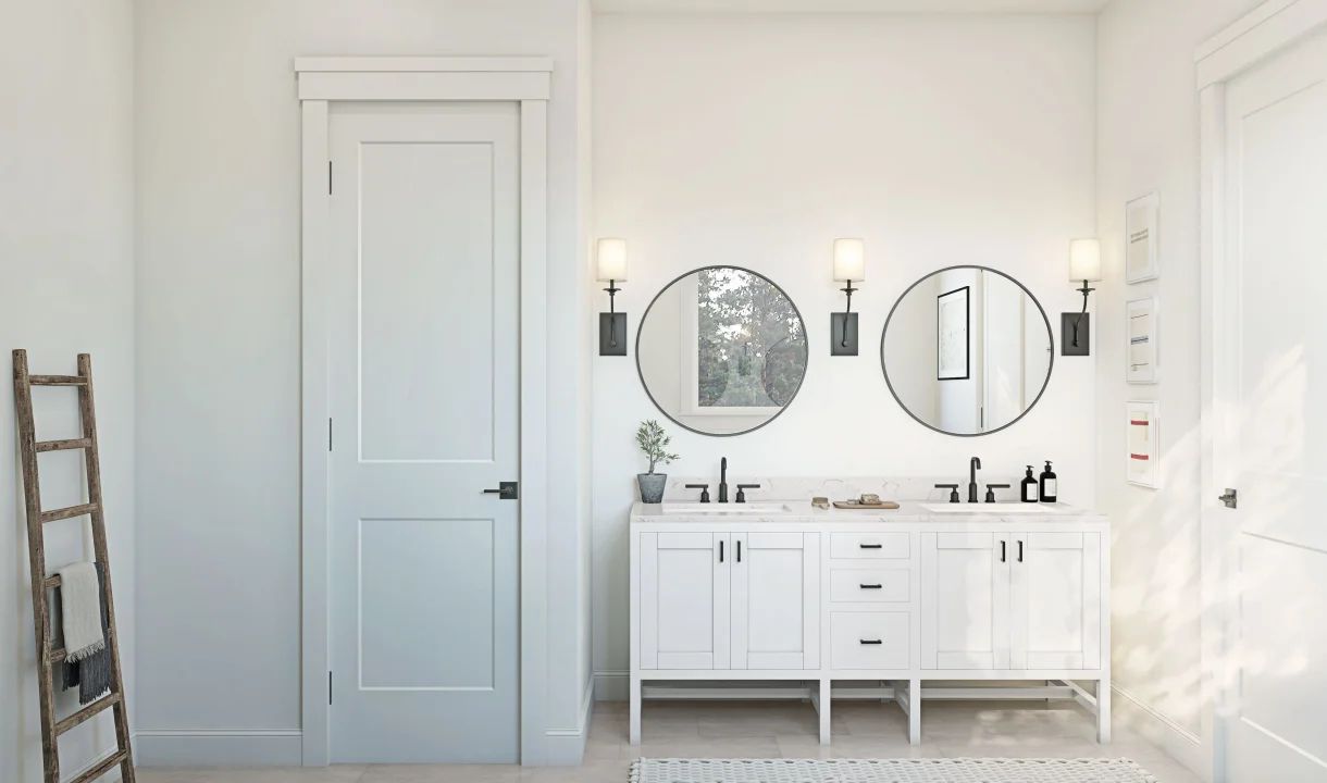 Primary bath with freestanding vanity
