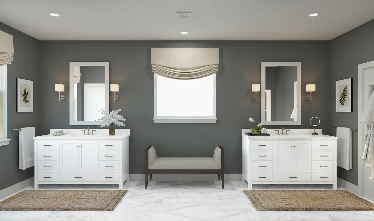 Primary bath with freestanding vanities