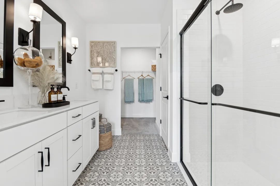 Primary bath with shower and freestanding vanity