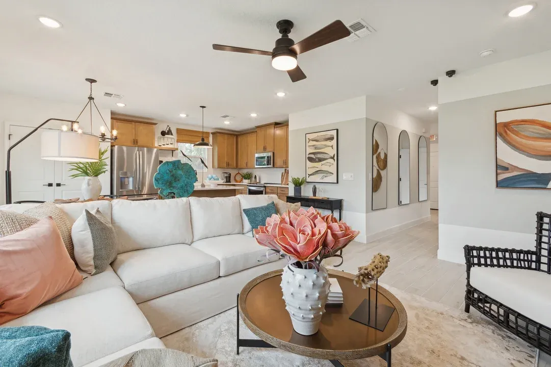 Great room with ceiling fan