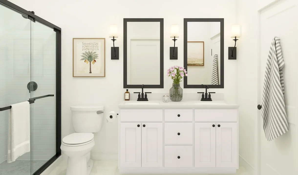 Primary bath with matte black hardware
