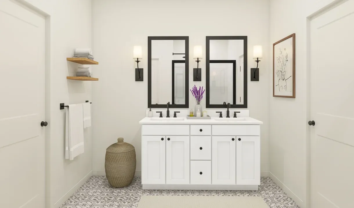 Primary bath with matte black hardware and fixtures