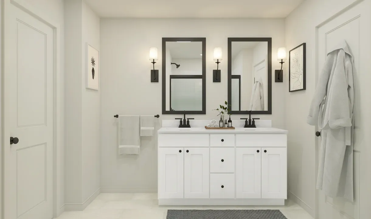 Primary bath with matte black fixtures and hardware