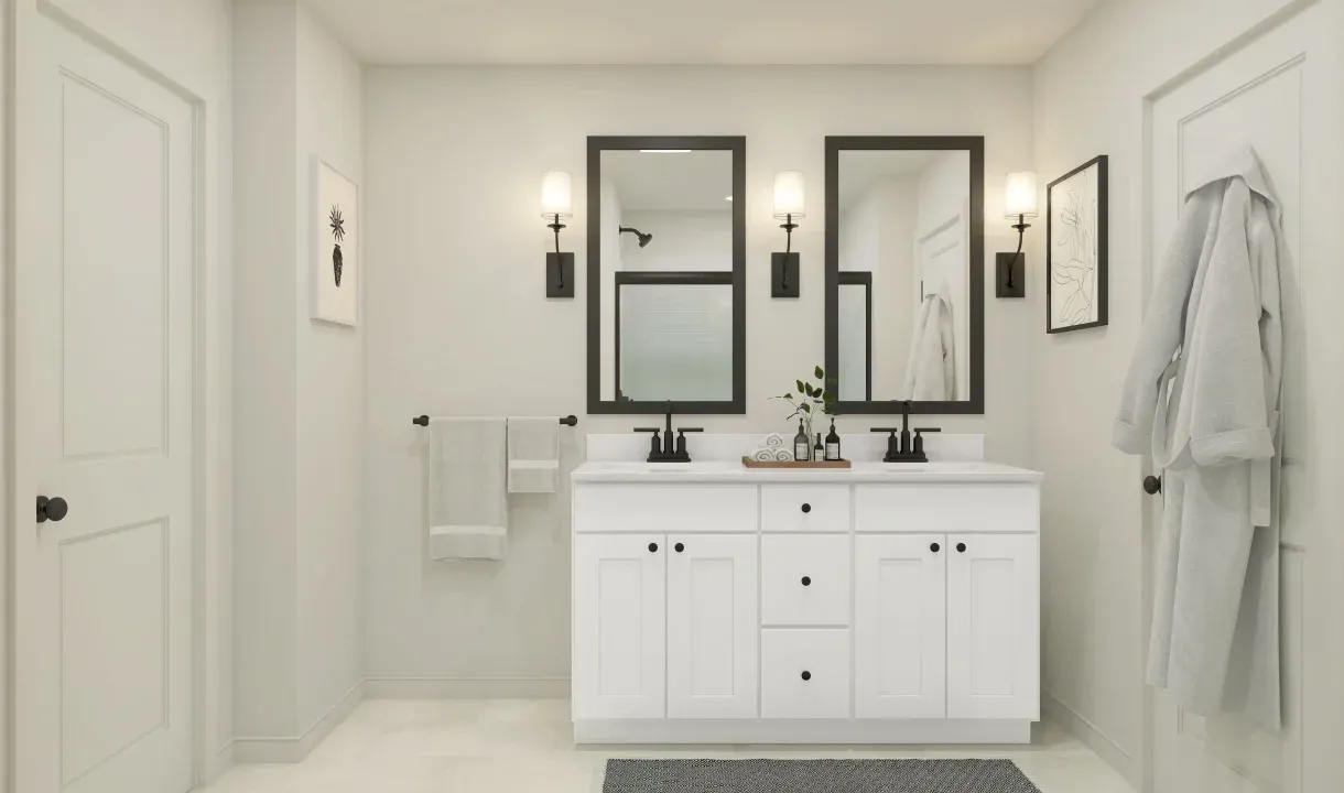 Primary bath with matte black fixtures and hardware