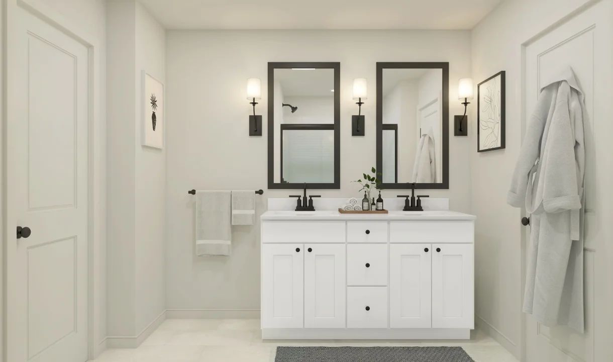 Primary bath with matte black fixtures and hardware